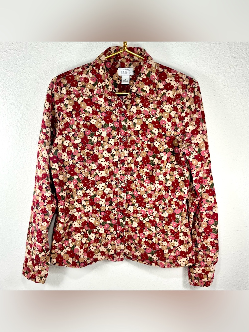 Ann Taylor LOFT Corduroy Floral Shirt Button Up Long Sleeve Retro Size 8